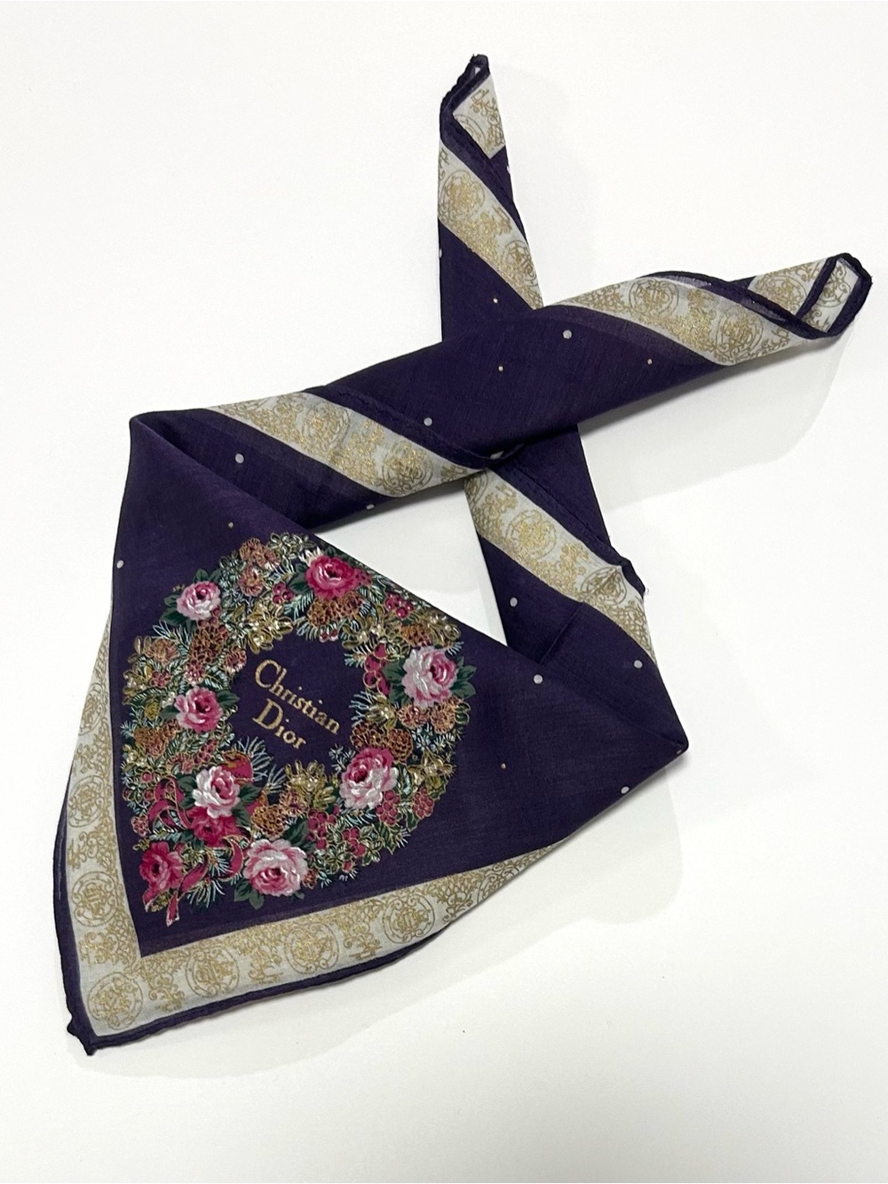 WOMEN HANDKERCHIEF CHRISTIAN DIOR FLORAL Purple Rose COTTON POCKET SQUARE 18”